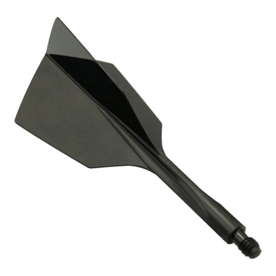 Système de vol Condor Ax 120 Noir - Étroit Das Bild zeigt das Produkt "Condor Axe 120 Flight-System Black - Narrow". Es handelt sich um einen schwarzen, schmalen Dartflight mit integriertem Schaft.