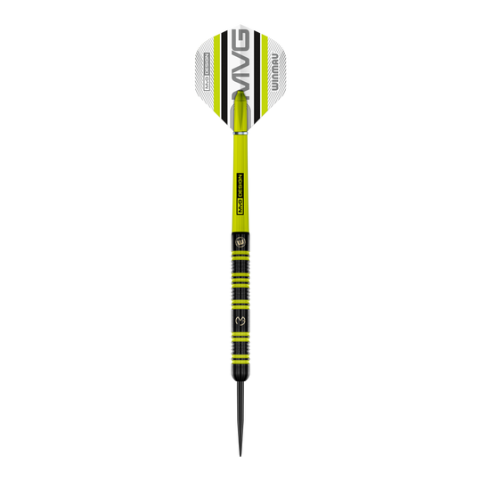 Fléchettes en acier Winmau Michael Van Gerwen 85 Pro-Series Auf dem Bild ist ein Winmau Michael Van Gerwen 85 Pro-Series Steeldart zu sehen. Der Dart hat ein modernes Design mit grünen und schwarzen Akzenten sowie der Aufschrift „MVG DESIGN“ auf dem Schaft.