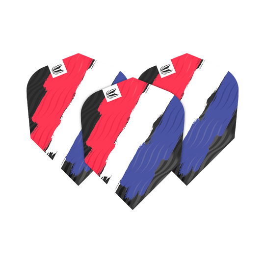 Das Bild zeigt drei Dartflights mit einem Design in den Farben Rot, Weiß und Blau. Auf jedem Flight befindet sich außerdem ein kleines Markenlogo in der Ecke.