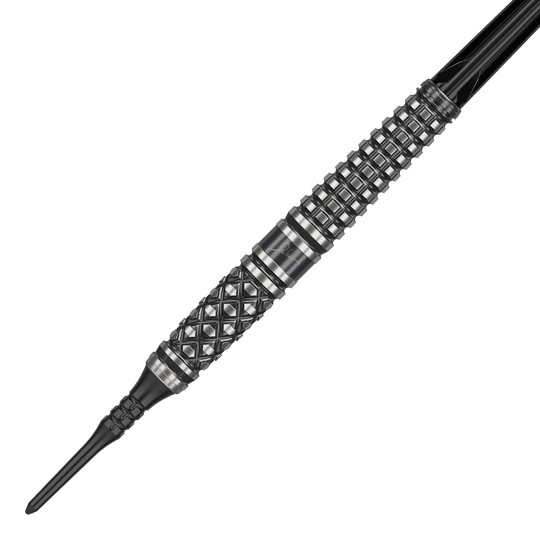 Das Bild zeigt einen "Target Japan Paul Lim The Legend GEN8 Softdart" mit 19g Gewicht. Der Dart hat ein markantes, schwarzes Design mit silbernen Rillen und einem strukturierten Griff.