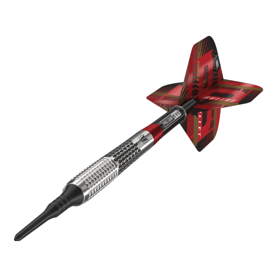 Fléchettes souples Target Stephen Bunting GEN5 - 18 g Das Bild zeigt einen Target Stephen Bunting GEN5 Softdart mit einem Gewicht von 18g. Der Dartpfeil hat ein silbernes Griffstück mit roten und schwarzen Akzenten sowie einer auffälligen roten Flights.