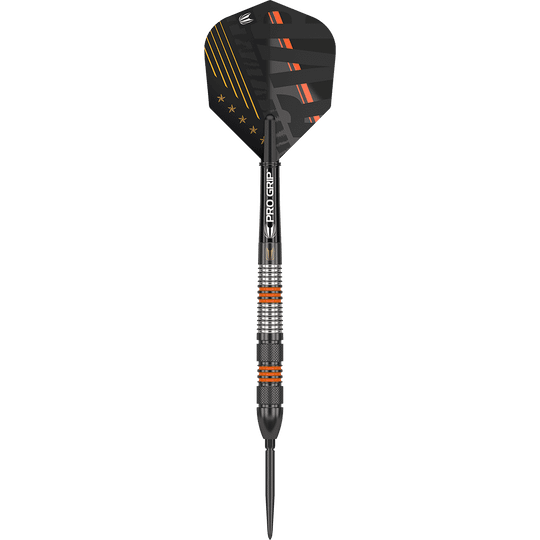 190212_Target_Raymond_Van_Barneveld_80_Black_Swiss_Point_Steeldarts_1K75zzW7XxlGKb Das Bild zeigt einen Steeldartpfeil mit schwarzer und silberner Griffzone sowie orangen Akzenten. Die Dartflügel sind schwarz mit orangenen und goldenen Streifen und Sternen verziert.
