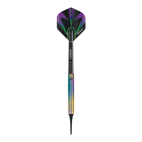 Fléchettes souples Winmau Foxfire Urban - 20 g Das Bild zeigt den Winmau Foxfire Urban Softdart mit einem Gewicht von 20g. Der Dartpfeil hat ein farbenfrohes Design mit schwarzen, lila und grünen Akzenten.