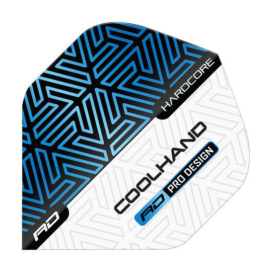 Vols Red Dragon Hardcore Luke Humphries Bleu Blanc Premium Standard Das Bild zeigt ein Dartflight in Blau, Schwarz und Weiß mit geometrischem Muster. Auf dem Flight stehen die Wörter „HARDCORE“, „COOLHAND“ und „RD PRO DESIGN“.