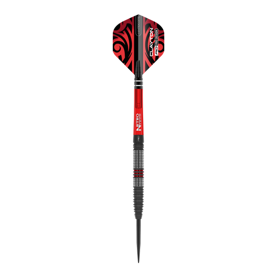 Fléchettes en acier Red Dragon Jonny Clayton Hiraeth Das Bild zeigt einen Red Dragon Jonny Clayton Hiraeth Steeldart. Der Dart ist in Schwarz und Rot gehalten und hat auffällige Muster auf den Flights.