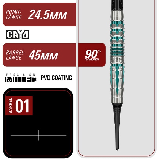Fléchettes souples Target Black Marque Pierce - 18,5 g Das Bild zeigt die Target Black Marque Pierce Softdarts mit 18,5g Gewicht. Schwarze Darts für präzises und komfortables Spielen.