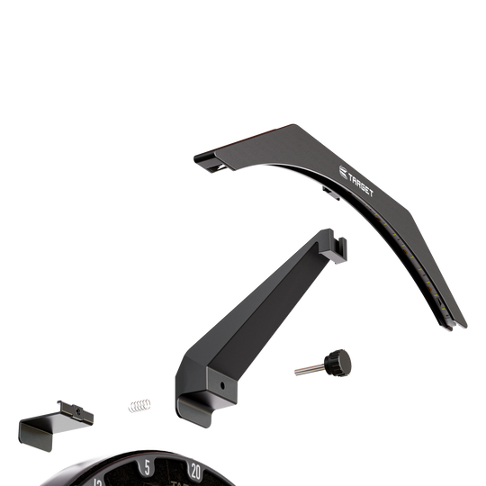 Éclairage pour cible de fléchettes Target ARC V2 Das Bild zeigt die einzelnen Teile des Produkts „Target ARC V2 Dartboard Beleuchtung“. Die Bauteile sind übersichtlich dargestellt und werden später zu einer Beleuchtung für ein Dartboard zusammengesetzt.