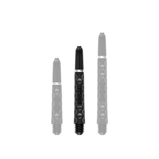 Harrows Dimplex Shafts - Schwarz Auf dem Bild sind drei schwarze Dartschäfte in unterschiedlichen Längen zu sehen. Sie haben eine strukturierte Oberfläche mit runden Vertiefungen und einen silbernen Ring.