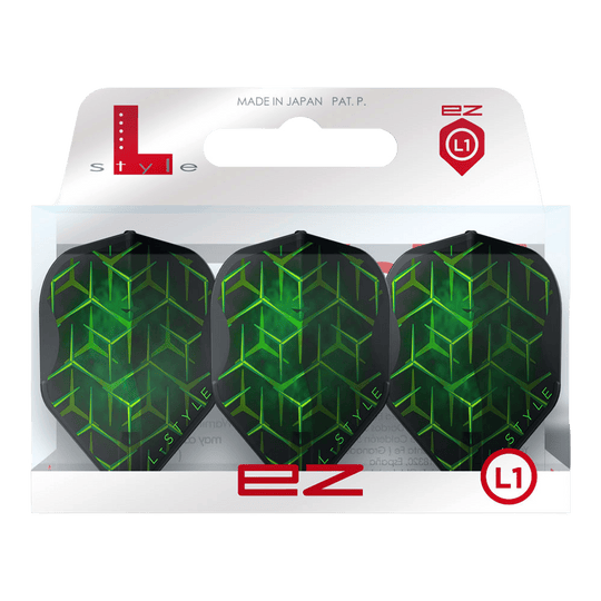 Ailettes L-L-Styleukas Wenig V1 noires L1EZ Zwei L-Style Lukas Wenig V1 Black L1EZ Flights liegen nebeneinander auf weißem Hintergrund. Die Flächen- und Kantengeometrie wird dargestellt.