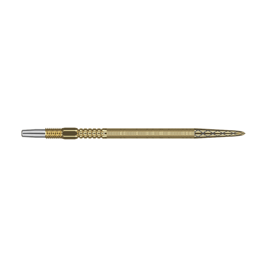 Pointes de fléchettes Target Swiss Point DX - or Das Bild zeigt eine goldene Dartspitze mit feinen Rillen und detailliertem Muster. Sie hat am Ende eine silberne Metallspitze.