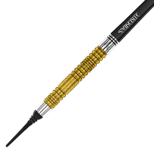 Das Bild zeigt einen goldfarbenen Softdartpfeil mit schwarzer Spitze und dem Schriftzug "Snakebite" auf dem Schaft. Es handelt sich um das Modell "Red Dragon Peter Wright Double World Champion SE Gold Plus Softdarts - 20g".