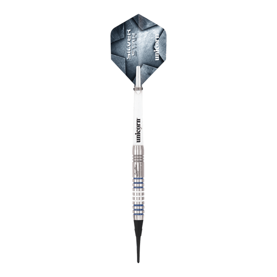 Fléchettes souples Unicorn Silver Star Var.3 Gary Anderson Hier sind die Unicorn Silver Star Var.3 Gary Anderson Softdarts zu sehen. Die silbernen Dartpfeile sind detailliert abgebildet.