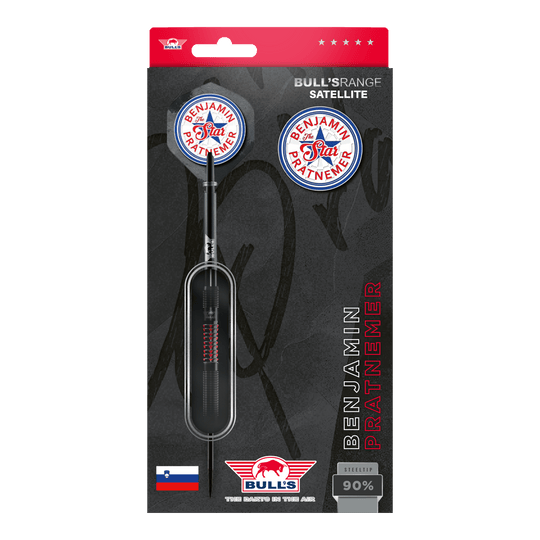 Fléchettes en acier Bulls NL Benjamin Pratnemer - 20 g Das Bild zeigt die Verpackung der "Bulls NL Benjamin Pratnemer Steeldarts - 20g". Auf der Verpackung sind ein Dartpfeil, Ersatzflights und der Name Benjamin Pratnemer abgebildet.