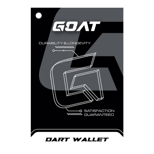 Portefeuille à fléchettes GOAT Locker XXL Das Bild zeigt die Verpackung des Produkts "GOAT Locker S Dartwallet". Es hebt die Eigenschaften Langlebigkeit und Zufriedenheit hervor.