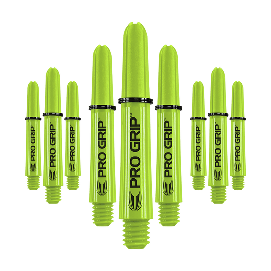 Auf dem Bild sind mehrere limegrüne Pro Grip Dartschäfte zu sehen. Sie sind in drei Sets angeordnet und tragen die Aufschrift "PRO GRIP".