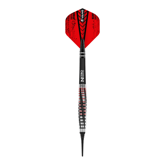Fléchettes souples Red Dragon Rifle - 20 g Das Bild zeigt einen Red Dragon Rifle Softdart mit einem Gewicht von 20 Gramm. Der Dartpfeil hat rote Flights und ein schwarz-silbernes Barrel mit roten Akzenten.