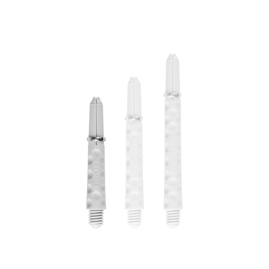 Tiges Dimplex de Harrow - Blanc Das Bild zeigt drei weiße Dartschäfte in unterschiedlichen Längen. Sie haben eine strukturierte Oberfläche und einen Schraubgewinde am unteren Ende.