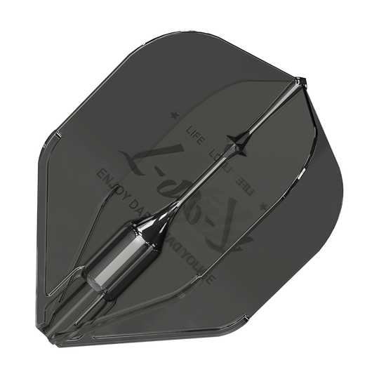 Vols L-Style Fantom L1EZ Noir Das Bild zeigt ein schwarzes Dartflight des Modells „L-Style Fantom L1EZ“. Das Flight hat eine glänzende Oberfläche und ist mit dezentem Text bedruckt.