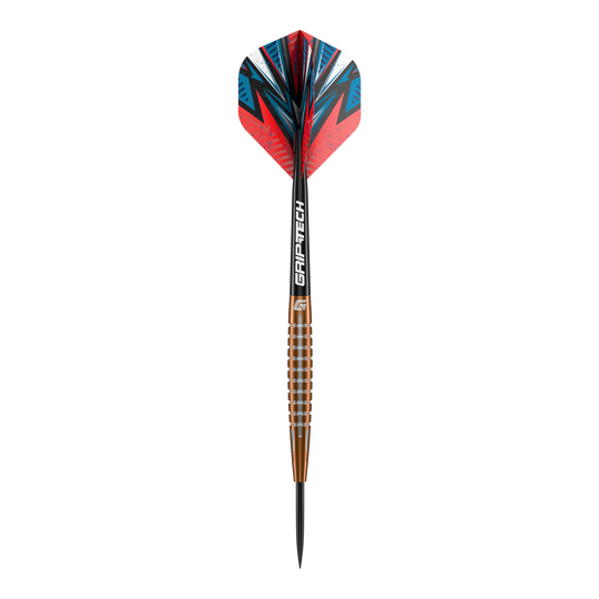 Fléchettes en acier tungstène GOAT Quarterback V1 Das Bild zeigt einen GOAT Quarterback V1 Tungsten Steeldart mit auffälligen roten und blauen Flights. Der Dart hat einen geriffelten, bronzefarbenen Schaft und eine schwarze Spitze.