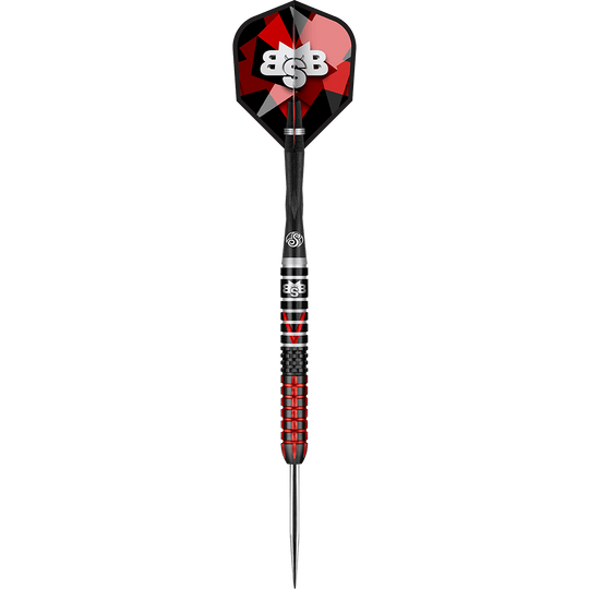 Shot Michael Smith Defiant Steeldarts Auf dem Bild ist ein Dartpfeil mit einer rot-schwarzen Farbgebung zu sehen. Der Flights trägt das weiße Logo "BBS" auf einem geometrischen Muster.