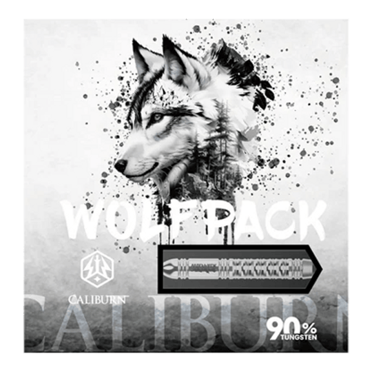 Das Bild zeigt die Verpackung der "Caliburn Wolfpack W1 Steeldarts - 23,5g". Auf der Vorderseite ist ein Wolfskopf zusammen mit einem abgebildeten Dartpfeil und dem Hinweis "90% Tungsten" zu sehen.