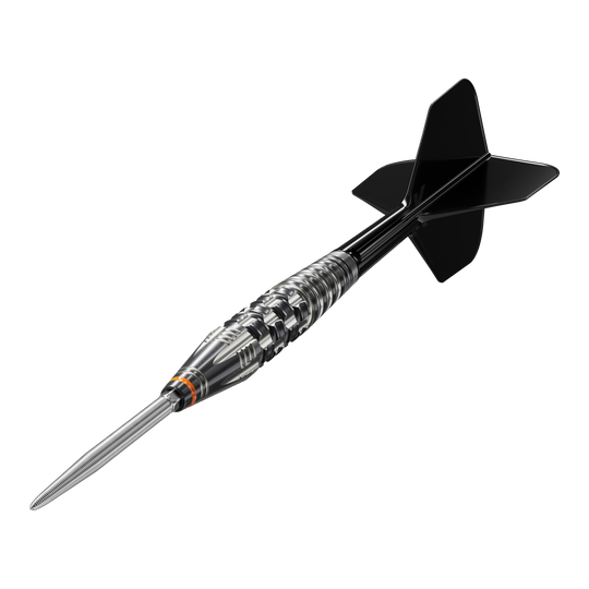 Fléchettes en acier Target Japan Black Marque Dancing Duck GEN 4 Das Bild zeigt einen Steeldartpfeil mit schwarzer Spitze und schwarzen Flights, genannt "Target Japan Black Marque Dancing Duck GEN 4 Steeldarts". Der Dartpfeil hat ein silbernes, glänzendes Griffstück mit feinen Rillen und Gravuren.