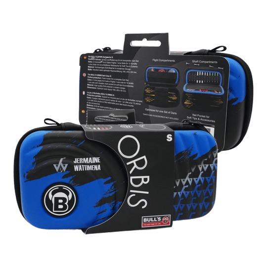 Étui à fléchettes Bulls Orbis S Jermaine Wattimena Das Bild zeigt das Produkt "Bulls Orbis S Jermaine Wattimena Dartcase" in blauer und schwarzer Farbe. Die Darttasche ist kompakt und eignet sich zum sicheren Aufbewahren von Dartzubehör.