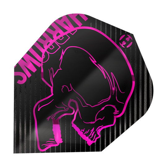 Vols Harrows Rage Rose No6 Das Bild zeigt das Produkt "Harrows Rage Pink No6 Flights". Es ist ein schwarzes Dartflight mit einem pinken Totenkopf und pinken Streifen.