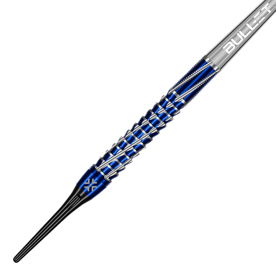 Fléchettes souples Bullet Hydra - 20 g Bullet Hydra Softdarts - 20g Darts sind aufgereiht sichtbar. Das Bild hebt die Konstruktion und das glänzende Finish der Darts hervor.