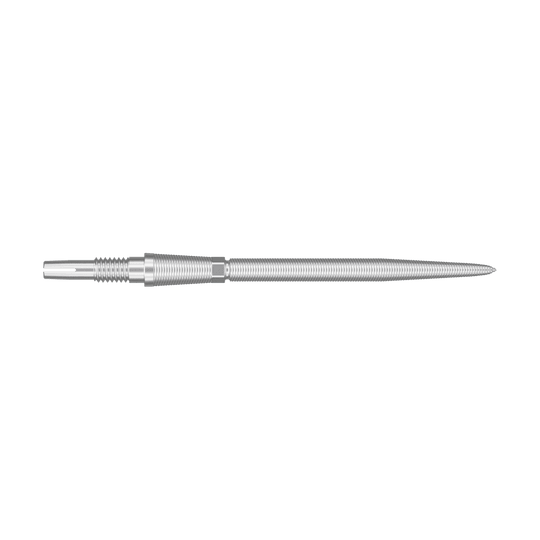 Target Swiss Storm Nano Point Dartspitzen - Silber Das Bild zeigt eine silberne Dartspitze mit feinen Rillen. Sie ist lang und schmal gestaltet.