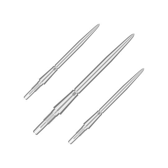 Pointes de fléchettes Target Swiss Storm Point - argent Das Bild zeigt drei silberne Dartspitzen. Sie sind nebeneinander auf weißem Hintergrund angeordnet.