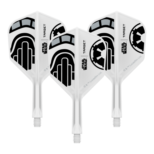 Target Star Wars K-Flex Stormtrooper No6 Flights Ein Set von Dart-Flights der Star Wars KFlex Stormtrooper No6 Serie ist dargestellt. Die Flights sind kurz und 19 mm lang.
