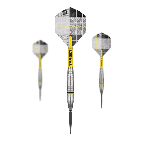 Fléchettes en acier Target Scott Williams GEN2 Swiss Point Das Bild zeigt drei Target Scott Williams GEN2 Swiss Point Steeldarts mit silbernen Spitzen und gelben Akzenten. Die Flights haben ein auffälliges, gemustertes Design in Schwarz, Weiß und Gelb.