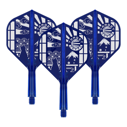Vols standard Target Japan K-Flex Blue Limited No2 Das Bild zeigt '410291 Target Japan K-Flex Blue Limited No2 Flights 19mm 1Set'. Es handelt sich um ein Set limitierter Flights für Darts in Blau.