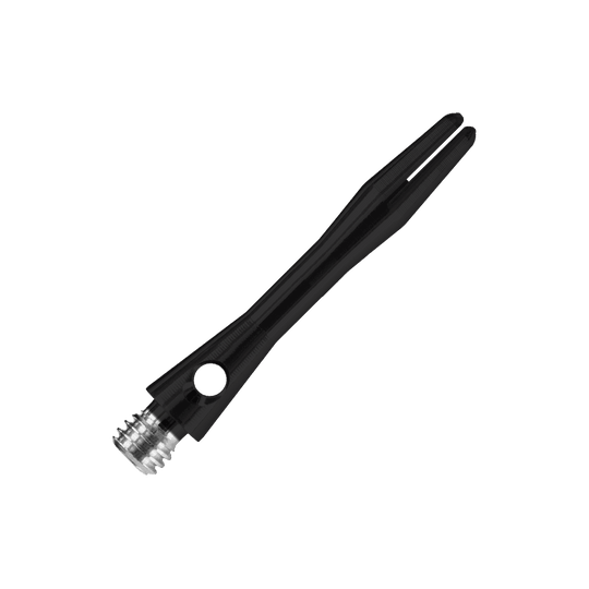 Das Bild zeigt einen Harrows Keramic Shaft in mattem Schwarz. Der Schaft hat ein elegantes, glattes Design mit einem silbernen Gewinde am Ende.