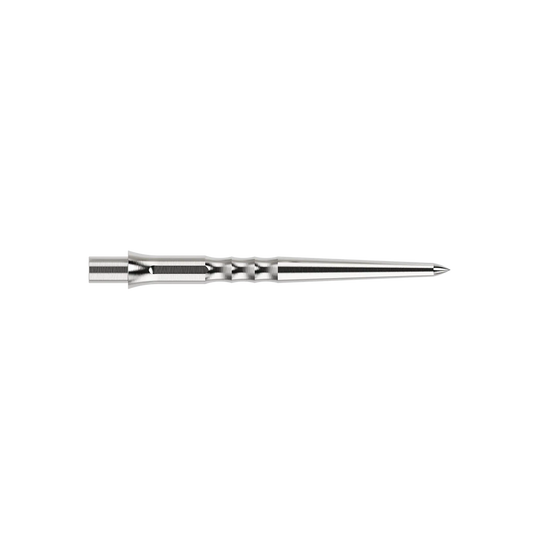 Das Bild zeigt eine silberne Caliburn Evo System Steeldartspitze Ripple NoLip, 28 mm lang. Die Spitze ist einzeln abgebildet.