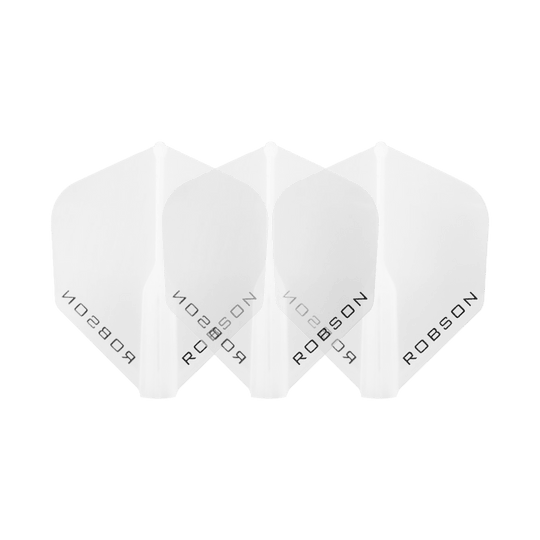 Vols Robson Plus - Standard Das Bild zeigt drei klare Dart-Flights der Marke Robson. Die Flights sind nebeneinander angeordnet und tragen den Schriftzug "ROBSON".