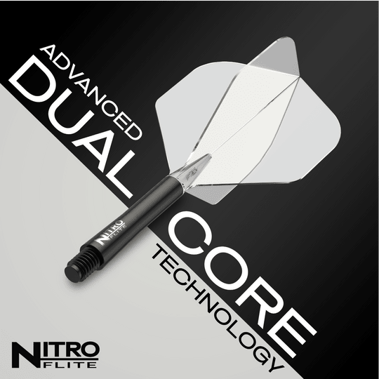 Ailettes Red Dragon Nitroflite - Tige noire transparente n°2 Das Bild zeigt das Produkt "Red Dragon Nitroflite - Black Shaft Clear No2 Flights". Es hebt die fortschrittliche Dual-Core-Technologie hervor.