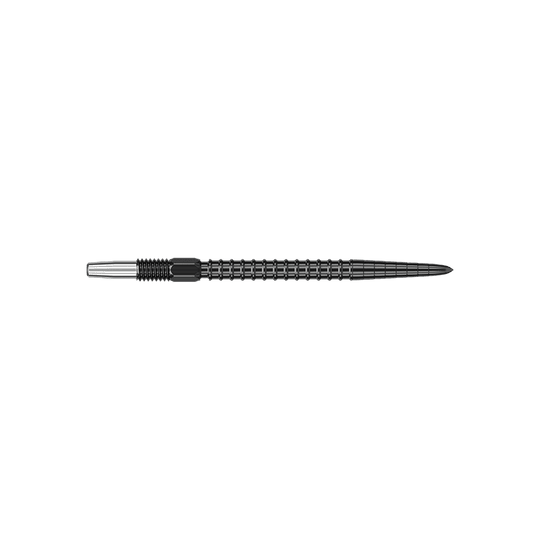 Pointes de fléchettes Target Swiss Point Chrono - Noires Das Bild zeigt eine schwarze Dartspitze mit einem geriffelten Griffbereich. Die Spitze ist lang und schlank geformt.
