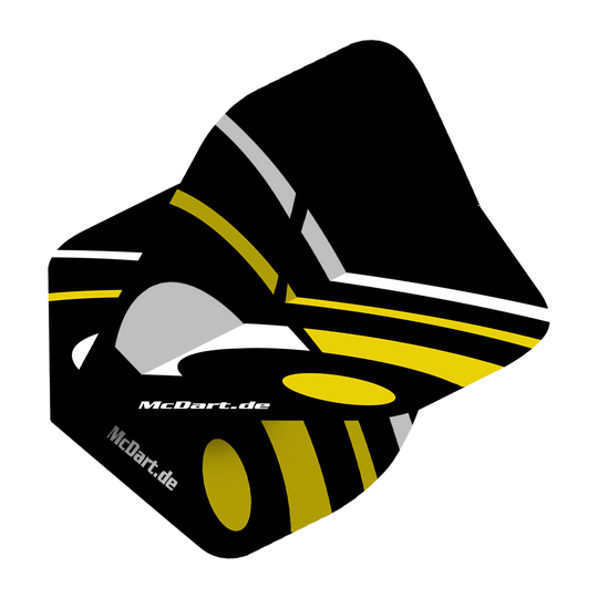 Vols standard McDart ID - Jaune Das Bild zeigt einen McDart ID Standard Flight in Gelb mit schwarzen, gelben und grauen Designelementen. Auf dem Flight steht der Schriftzug "McDart.de".