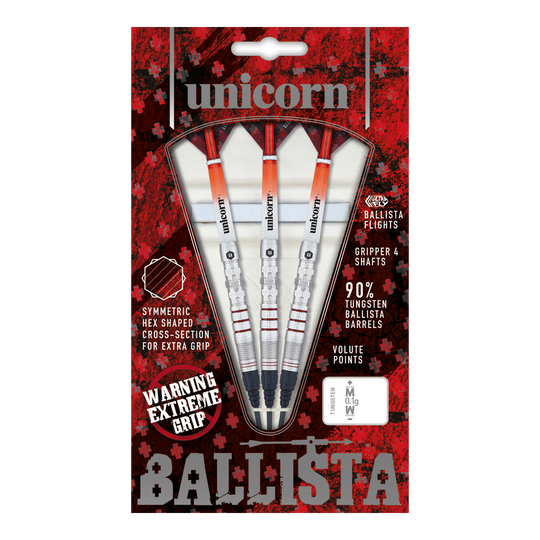 Fléchettes souples Unicorn Ballista Style 3 Das Bild zeigt eine Packung "Unicorn Ballista Style 3 Softdarts" mit drei Dartpfeilen. Die Verpackung hebt das symmetrische Hex-Muster für zusätzlichen Grip und 90% Tungsten-Barrels hervor.