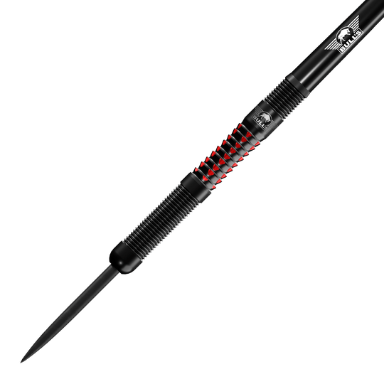 Fléchettes en acier Bulls NL Benjamin Pratnemer - 20 g Auf dem Bild ist der Bulls NL Benjamin Pratnemer Steeldart mit 20g Gewicht zu sehen. Der Dart hat ein schwarzes Design mit roten Akzenten und feinen Rillen für besseren Halt.