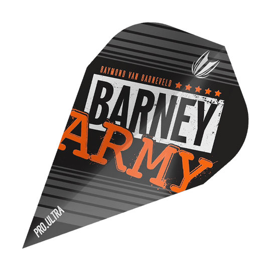 Das Bild zeigt ein Dart-Flight mit der Aufschrift "BARNEY ARMY" in schwarzen, weißen und orangenen Farben. Oben steht "Raymond van Barneveld" und unten links ist "Pro.Ultra" zu sehen.