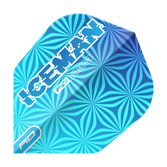 Red Dragon Gerwyn Price Iceman Blue No6 Vols Das Bild zeigt einen blauen Dart-Flight mit einem auffälligen geometrischen Muster. Auf dem Flight steht in weißen Buchstaben das Wort „ICEMAN“ sowie „RD PRO DESIGN“.