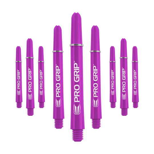 Tiges Target Pro Grip - 3 jeux - Violet Das Bild zeigt neun lila Dartschäfte der Marke "Pro Grip". Sie sind in drei Gruppen angeordnet, jeweils drei in der Mitte, links und rechts.