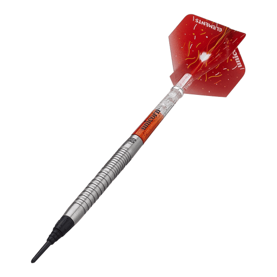 Das Bild zeigt einen Unicorn Core XL Striker Style 1 Softdart mit 19g Gewicht. Der Dart hat eine silberne, geriffelte Spitze und rote Flights mit einem auffälligen Design.