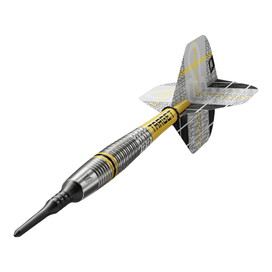 Fléchettes souples Target Scott Williams GEN2 - 18 g Das Bild zeigt einen Target Scott Williams GEN2 Softdart mit einem Gewicht von 18 Gramm. Der Dart hat ein silbernes Barrel mit gelben Akzenten und einen schwarz-gelben Flight.