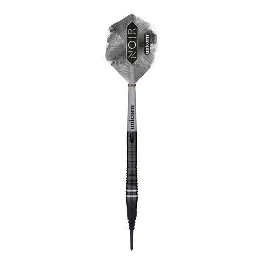Champion du monde Unicorn Gary Anderson Noir Phase 6 Soft Darts Das Bild zeigt einen Softdart aus der Produktreihe "Unicorn World Champion Gary Anderson Noir Phase 6". Der Dart hat ein schwarzes, elegantes Design mit der Aufschrift "Noir" und "Unicorn" auf dem Flight.