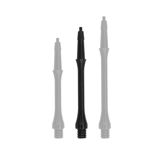 HRC-12596_Harrows_Clic_Slim_Shafts_Black_30mm_1 Das Bild zeigt drei schwarze Harrows Clic Slim Shafts in verschiedenen Längen. Sie werden als Ersatzteile für Dartpfeile verwendet.