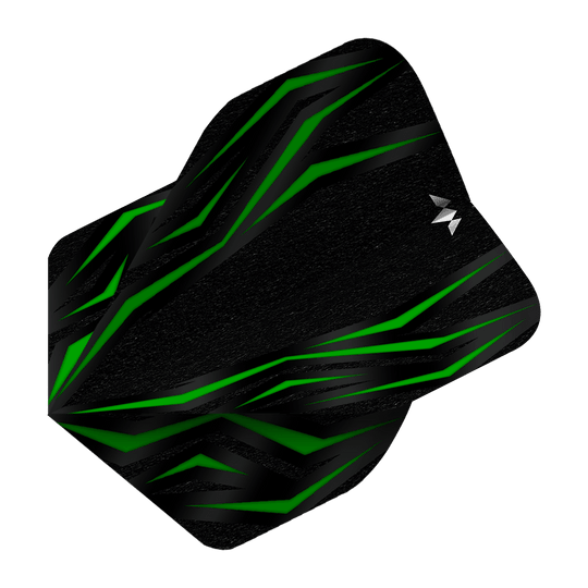 Vols standard Mission Lava Green n°2 Das Bild zeigt das Produkt „Mission Lava Green No2 Standard Flights“. Es ist ein schwarzes Dart-Flight mit grünen, lavamusterartigen Linien.